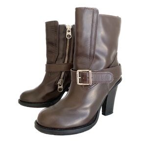 CHLOÉ Leather Moto Zipper Buckle Chunky Heel Ankle Boots Brown 9.5